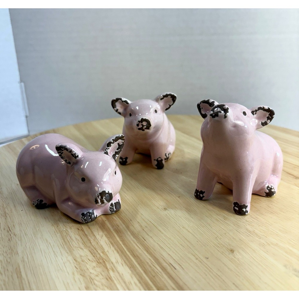 Ceramic 3 Little Pink Pigs Figurines Black Accents Glossy Finish Set of 3 Small